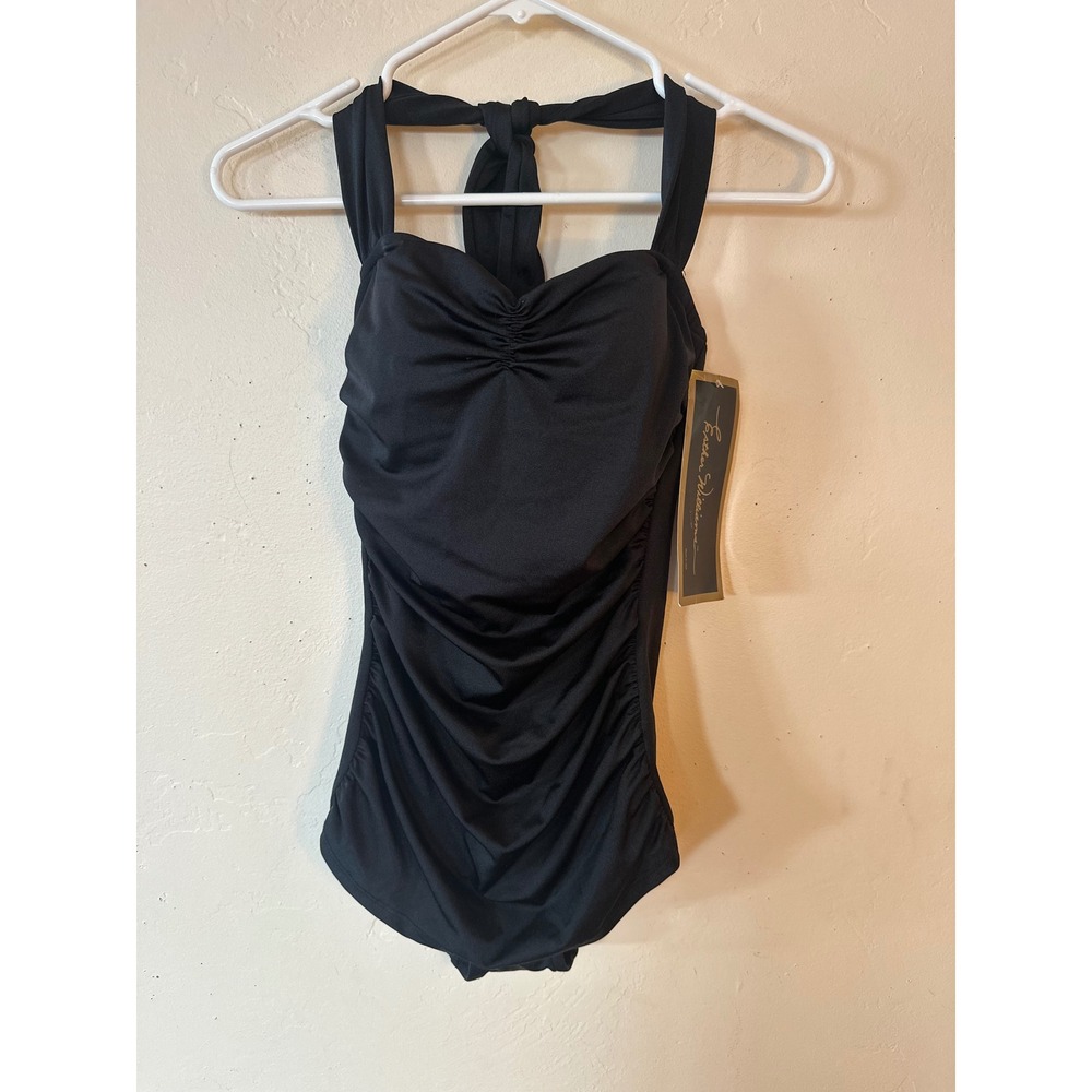 Esther Williams One Piece Swimsuit Halter Size 6 Black NWT Vintage Retro Ruched